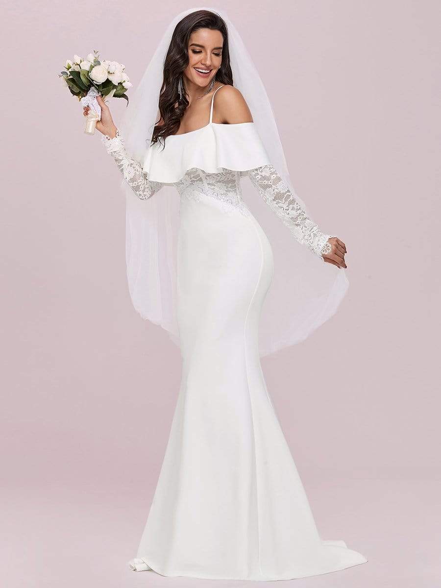 Color=Cream | See-Through Lace Bodice & Shoulder Fishtail Maxi Wedding Dress-Cream 6