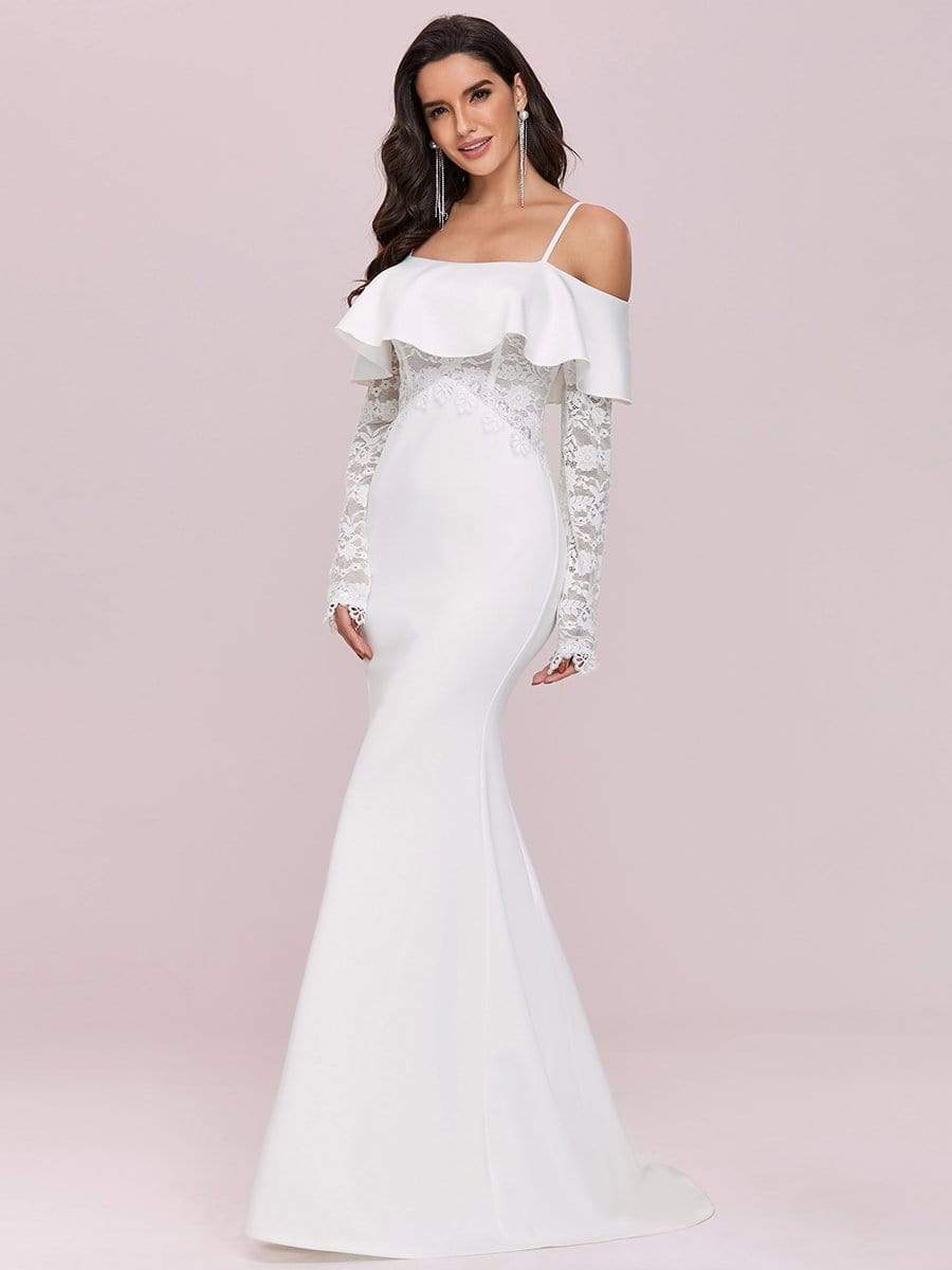 Color=Cream | See-Through Lace Bodice & Shoulder Fishtail Maxi Wedding Dress-Cream 7