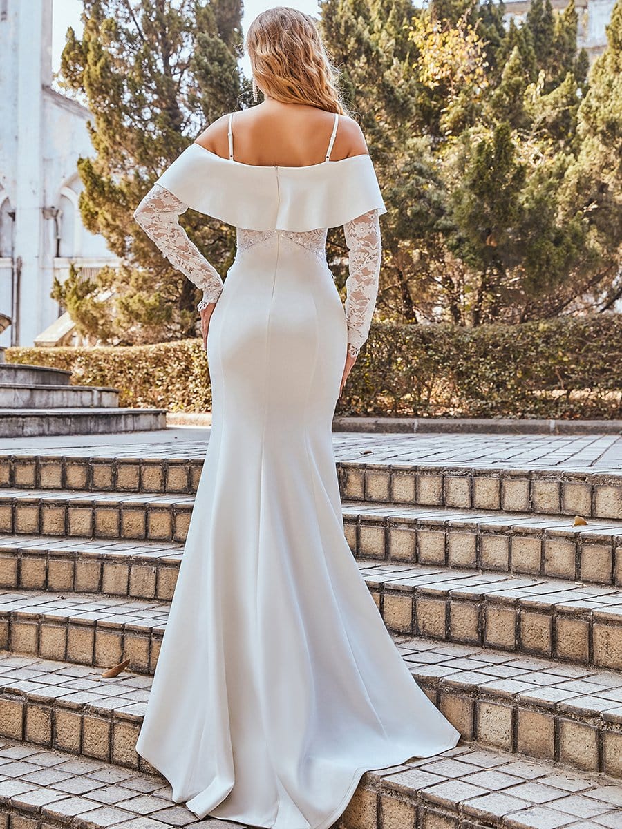 Color=Cream | See-Through Lace Bodice & Shoulder Fishtail Maxi Wedding Dress-Cream 2