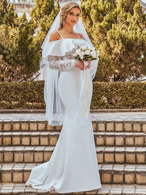 Color=Cream | See-Through Lace Bodice & Shoulder Fishtail Maxi Wedding Dress-Cream 1