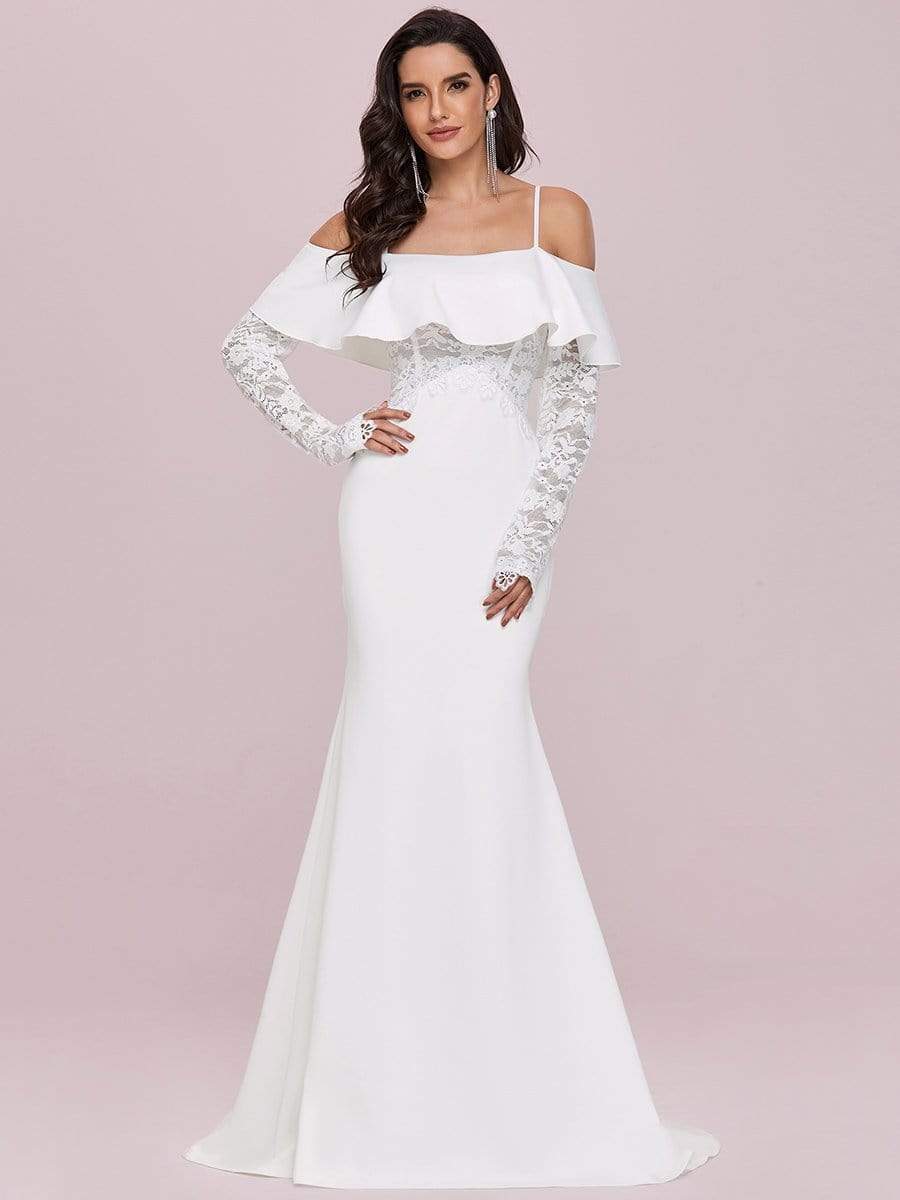 Color=Cream | See-Through Lace Bodice & Shoulder Fishtail Maxi Wedding Dress-Cream 4