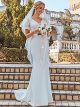 Color=Cream | Plunge Neck Lace Bodice Floor Length Fishtail Wedding Dress-Cream 1