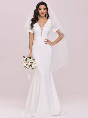 Color=Cream | Plunge Neck Lace Bodice Floor Length Fishtail Wedding Dress-Cream 6