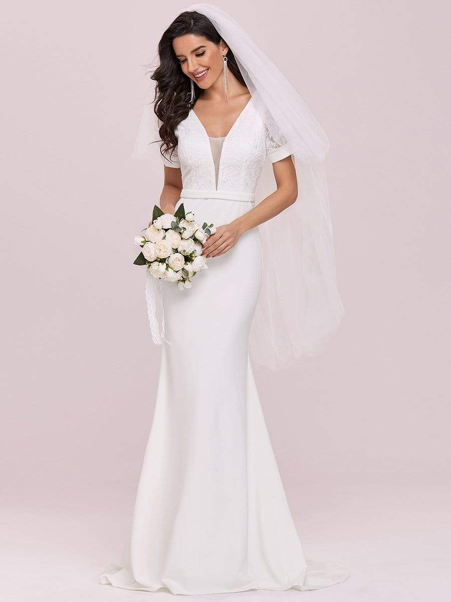 Color=Cream | Plunge Neck Lace Bodice Floor Length Fishtail Wedding Dress-Cream 7