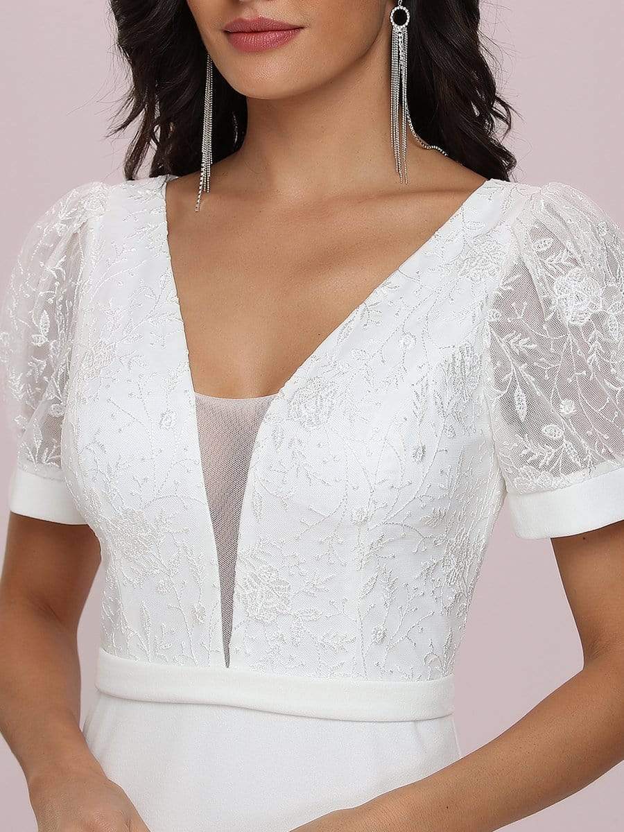 Color=Cream | Plunge Neck Lace Bodice Floor Length Fishtail Wedding Dress-Cream 9