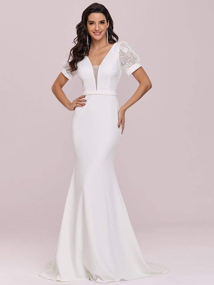 Color=Cream | Plunge Neck Lace Bodice Floor Length Fishtail Wedding Dress-Cream 5