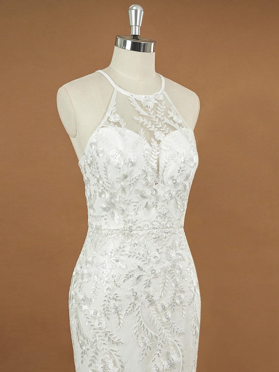 Color=Cream | Women'S Halter Maxi Lace & Tulle Mermaid Wedding Dress-Cream 9