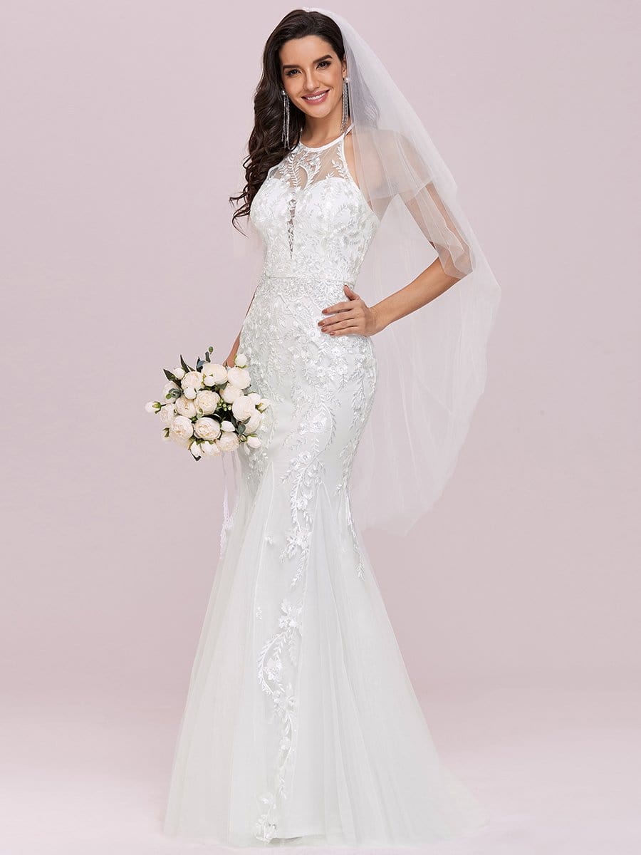 Color=Cream | Women'S Halter Maxi Lace & Tulle Mermaid Wedding Dress-Cream 4