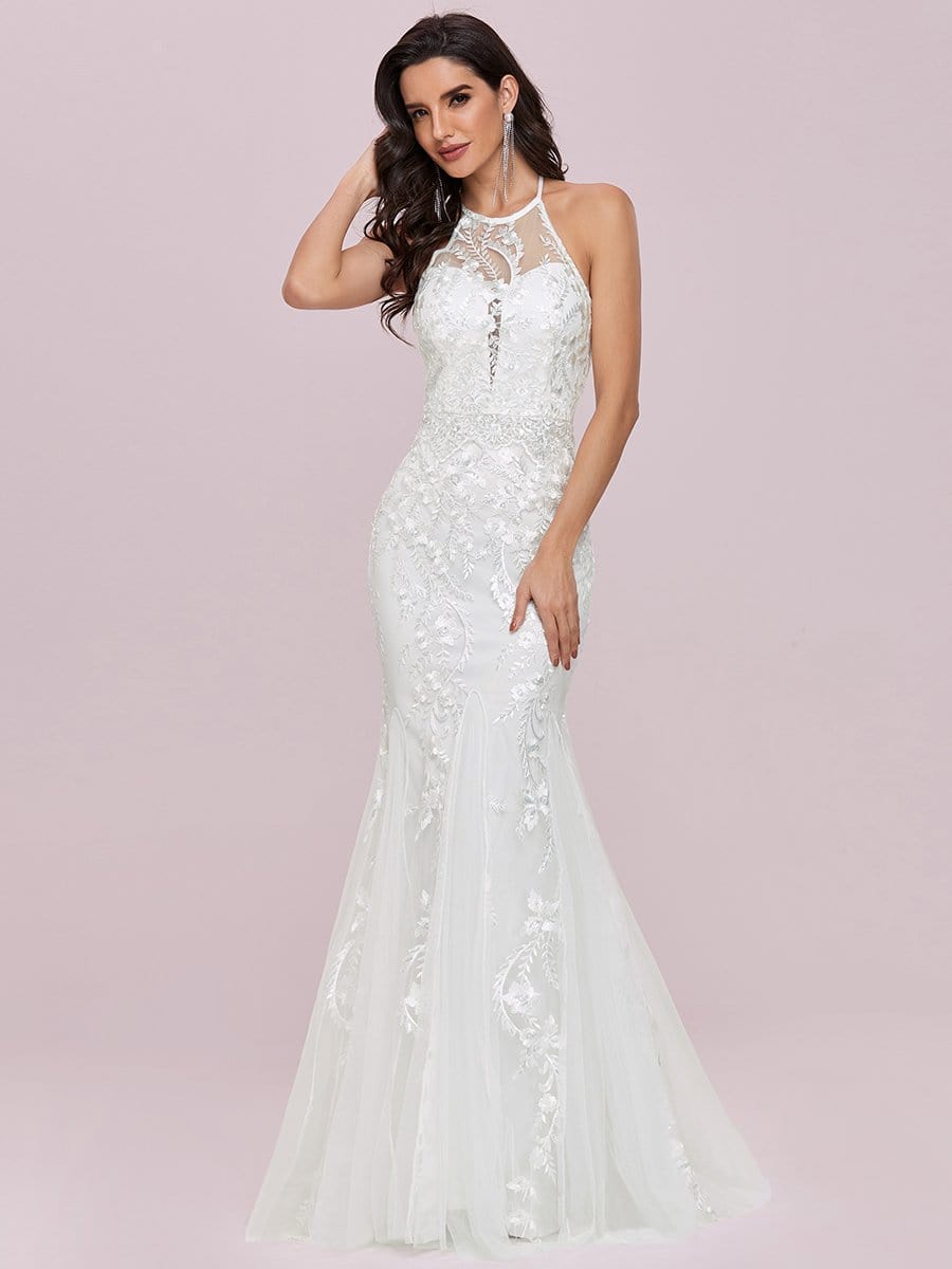 Color=Cream | Women'S Halter Maxi Lace & Tulle Mermaid Wedding Dress-Cream 7