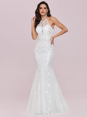 Color=Cream | Women'S Halter Maxi Lace & Tulle Mermaid Wedding Dress-Cream 5