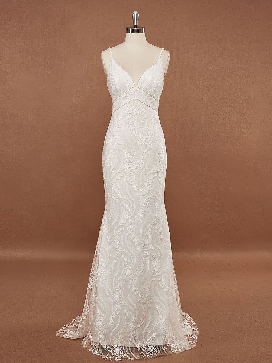 Color=Cream | Minimalist Fishtail Deep V Neck Lace Wedding Dress-Cream 7