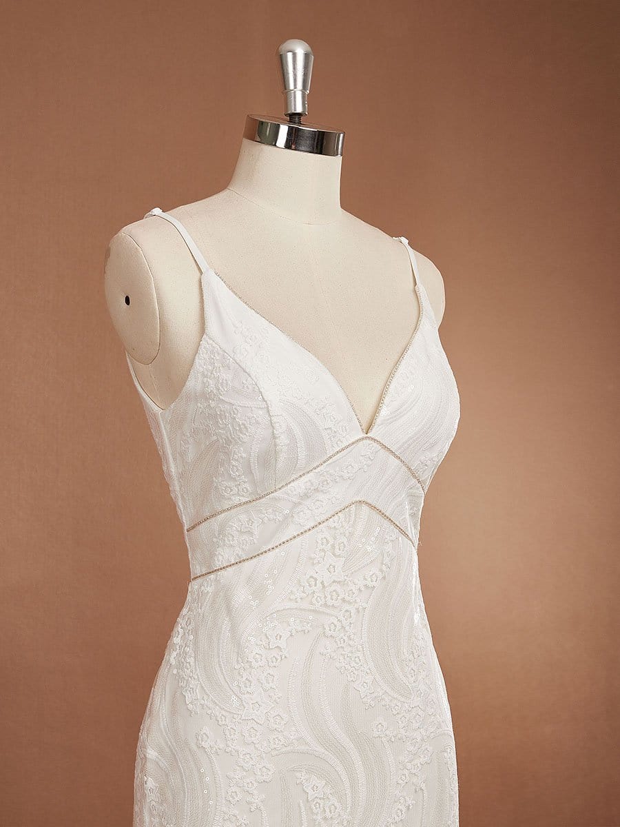 Color=Cream | Minimalist Fishtail Deep V Neck Lace Wedding Dress-Cream 8