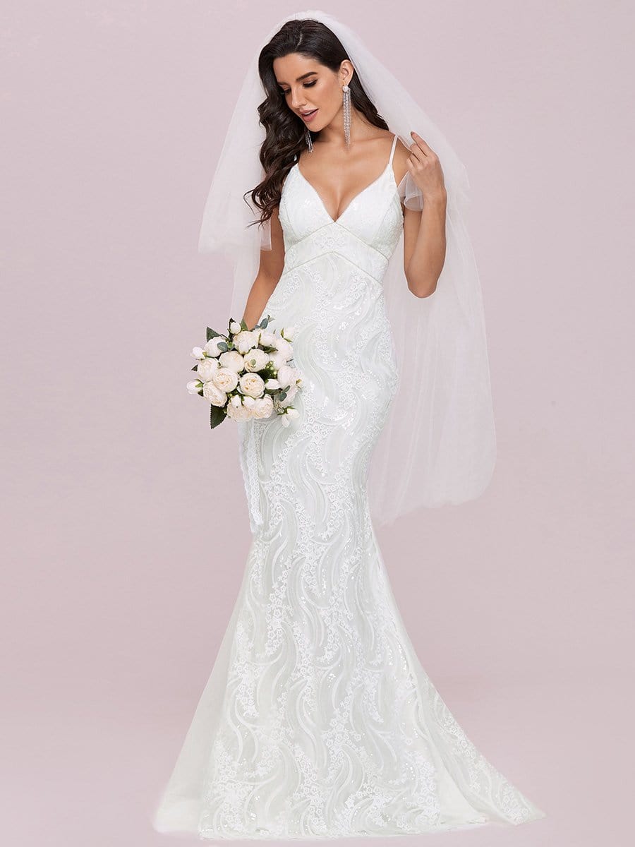 Color=Cream | Minimalist Fishtail Deep V Neck Lace Wedding Dress-Cream 4