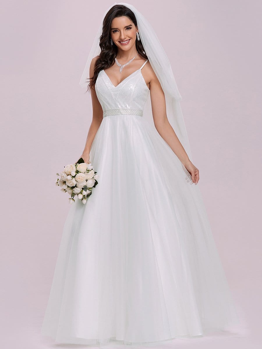 Color=Cream | Shimmering V-Neck Floor-Length A-Line Wedding Gown-Cream 4