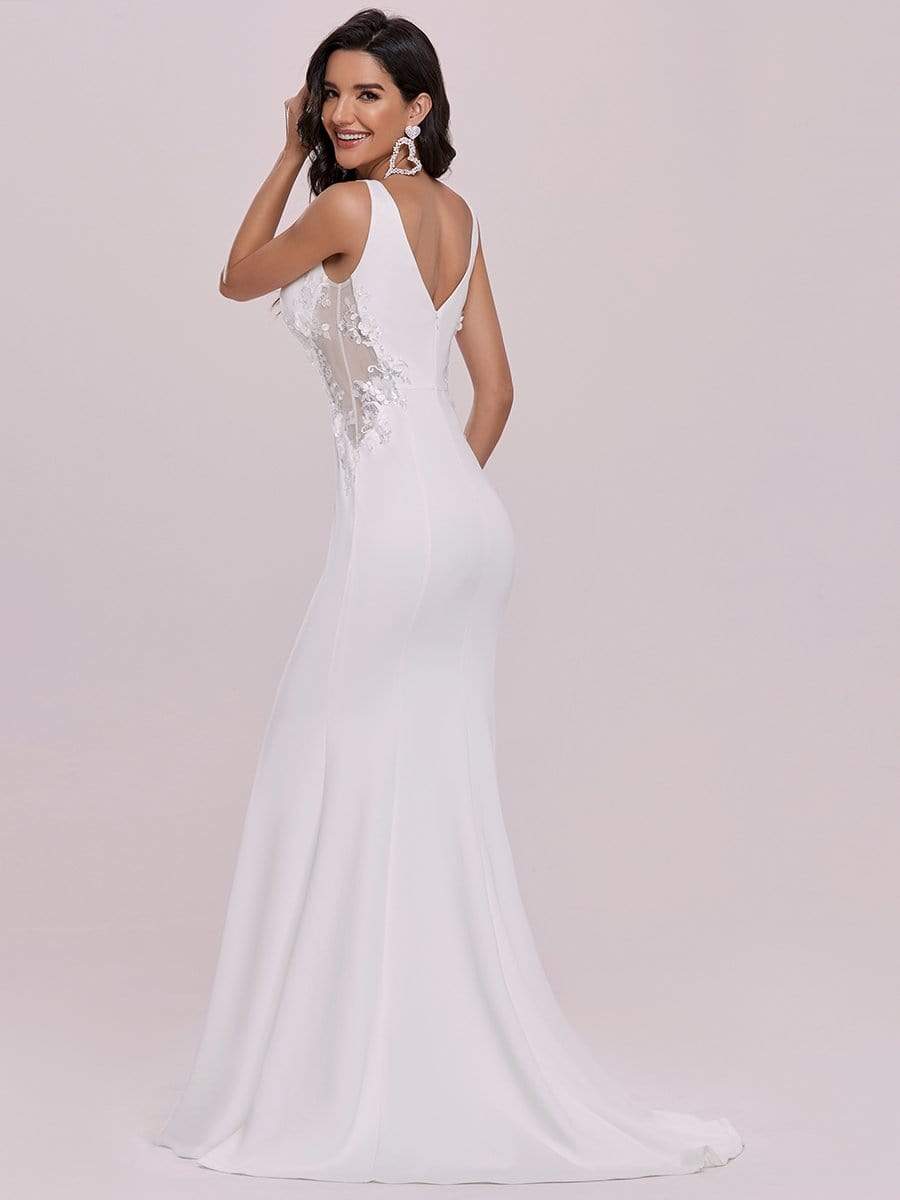 Color=Cream | Elegant Deep V-Neck See-Through Fishtail Wedding Gown-Cream 5