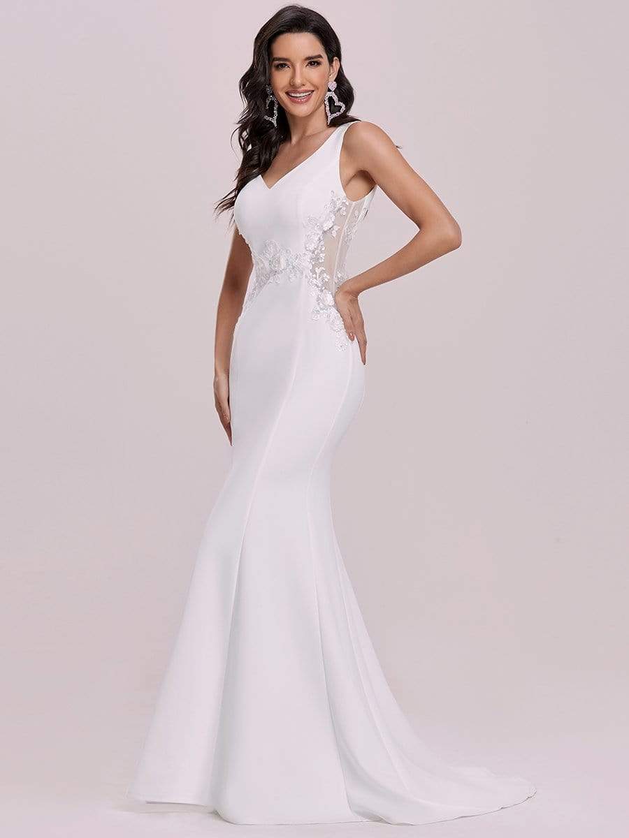 Color=Cream | Elegant Deep V-Neck See-Through Fishtail Wedding Gown-Cream 6
