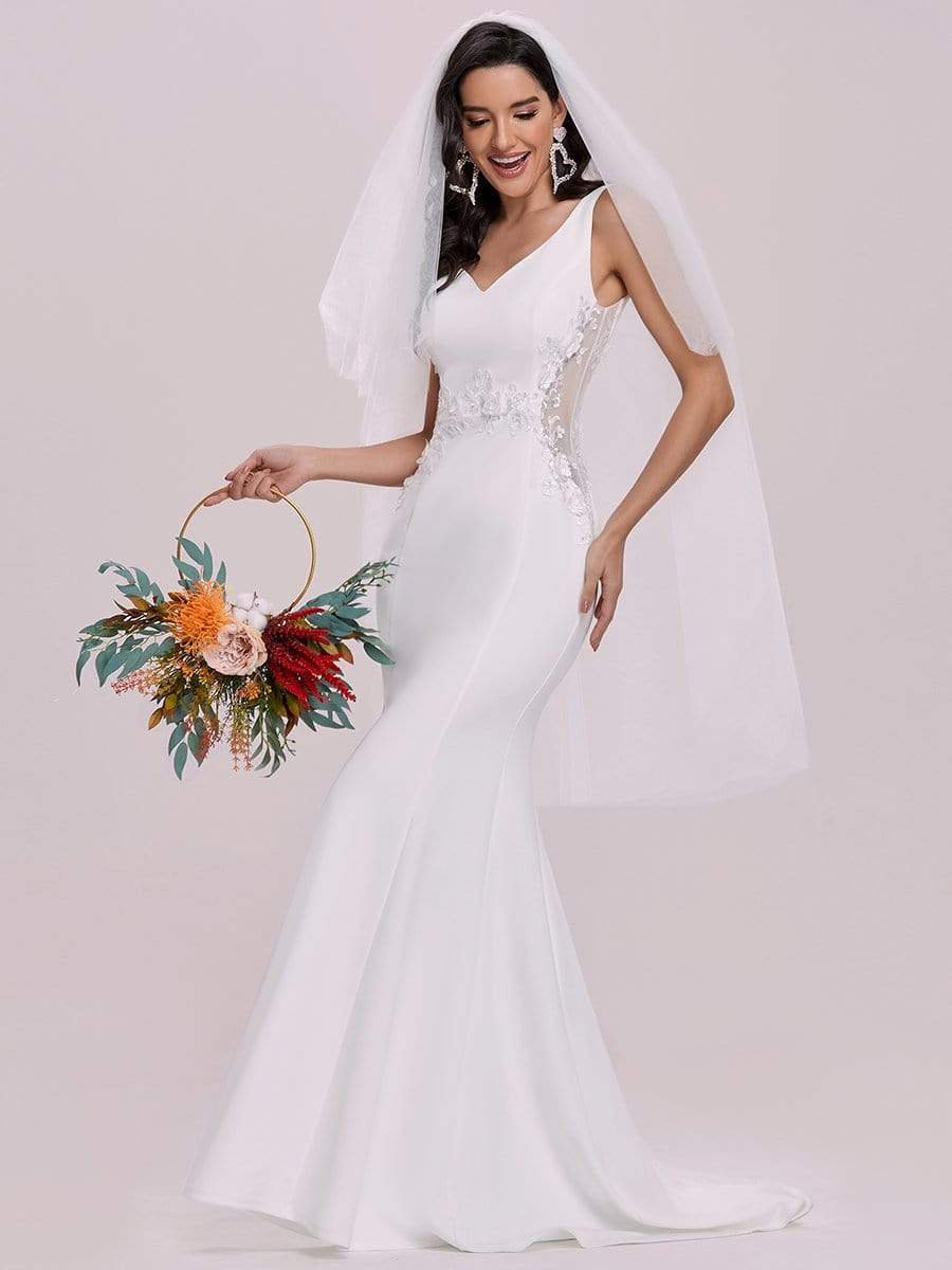 Color=Cream | Elegant Deep V-Neck See-Through Fishtail Wedding Gown-Cream 7