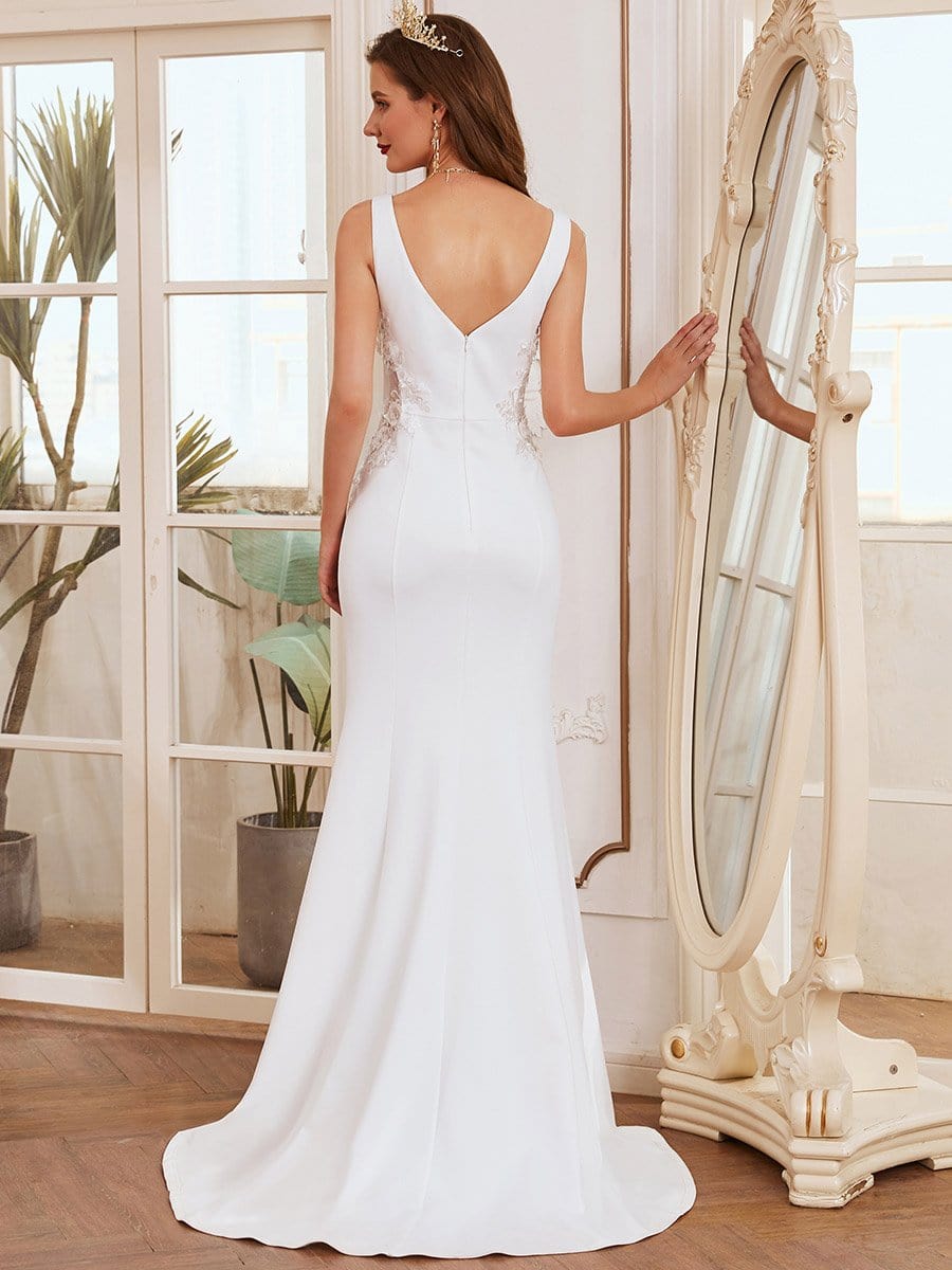 Color=Cream | Elegant Deep V-Neck See-Through Fishtail Wedding Gown-Cream 2