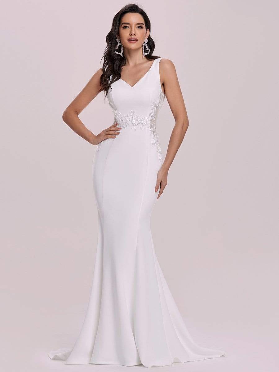 Color=Cream | Elegant Deep V-Neck See-Through Fishtail Wedding Gown-Cream 4