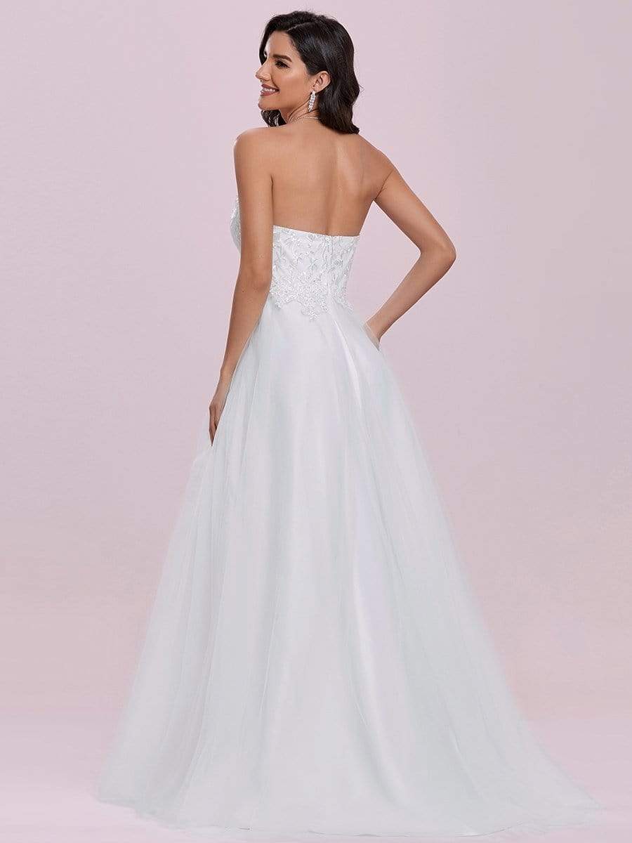 Color=Cream | Elegant Embroidered Floor Length Strapless Wedding Dress-Cream 5
