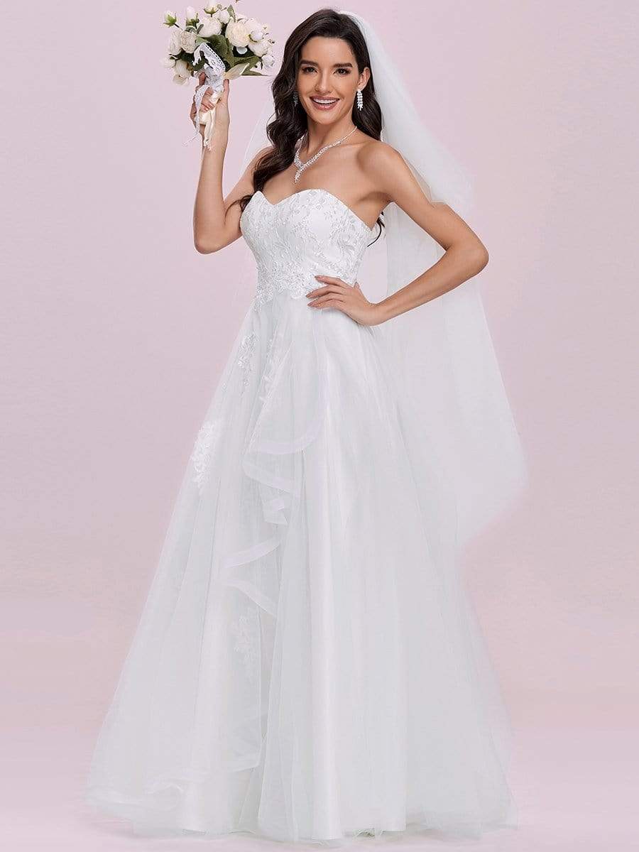 Color=Cream | Elegant Embroidered Floor Length Strapless Wedding Dress-Cream 6