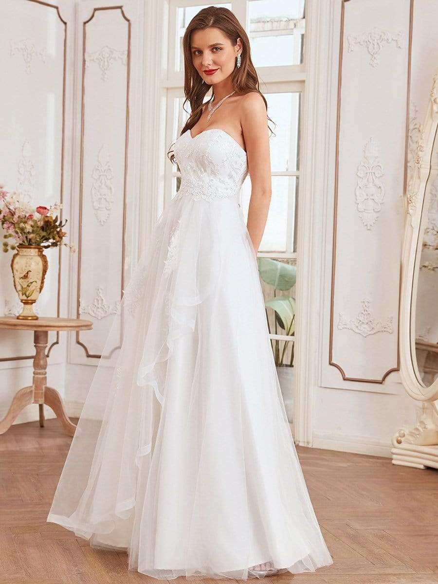 Color=Cream | Elegant Embroidered Floor Length Strapless Wedding Dress-Cream 1