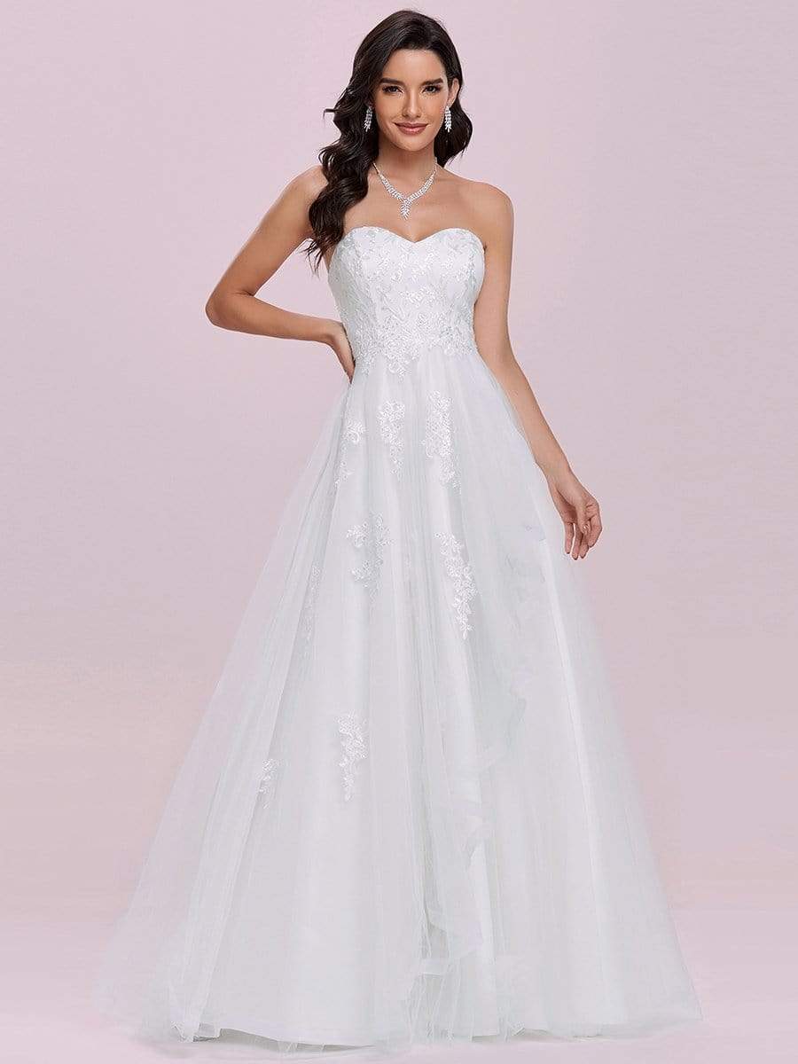 Color=Cream | Elegant Embroidered Floor Length Strapless Wedding Dress-Cream 4