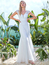 Color=Cream | Romantic Deep V Cap Sleeves Embroidered Floor-Length Godet Wedding Dress-Cream 1