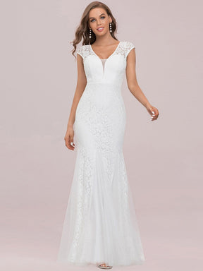 Color=Cream | Romantic Deep V Cap Sleeves Embroidered Floor-Length Godet Wedding Dress-Cream 5