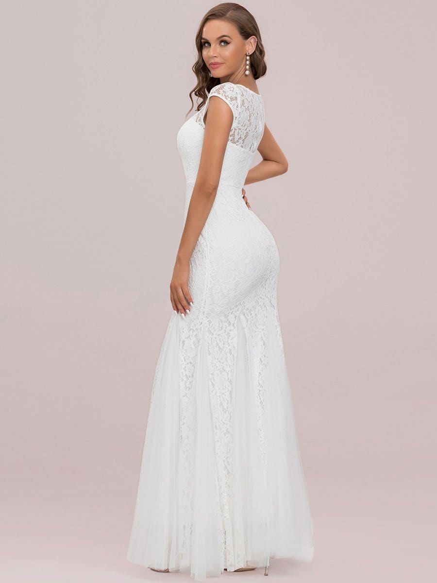 Color=Cream | Romantic Deep V Cap Sleeves Embroidered Floor-Length Godet Wedding Dress-Cream 6