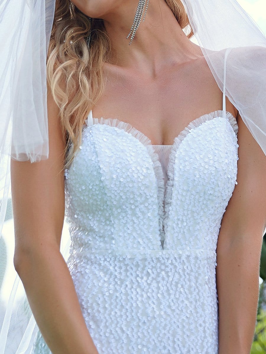 Color=Cream | Elegant Sweetheart Spaghetti Strap Padded Slit Paillette Wedding Dress-Cream 3