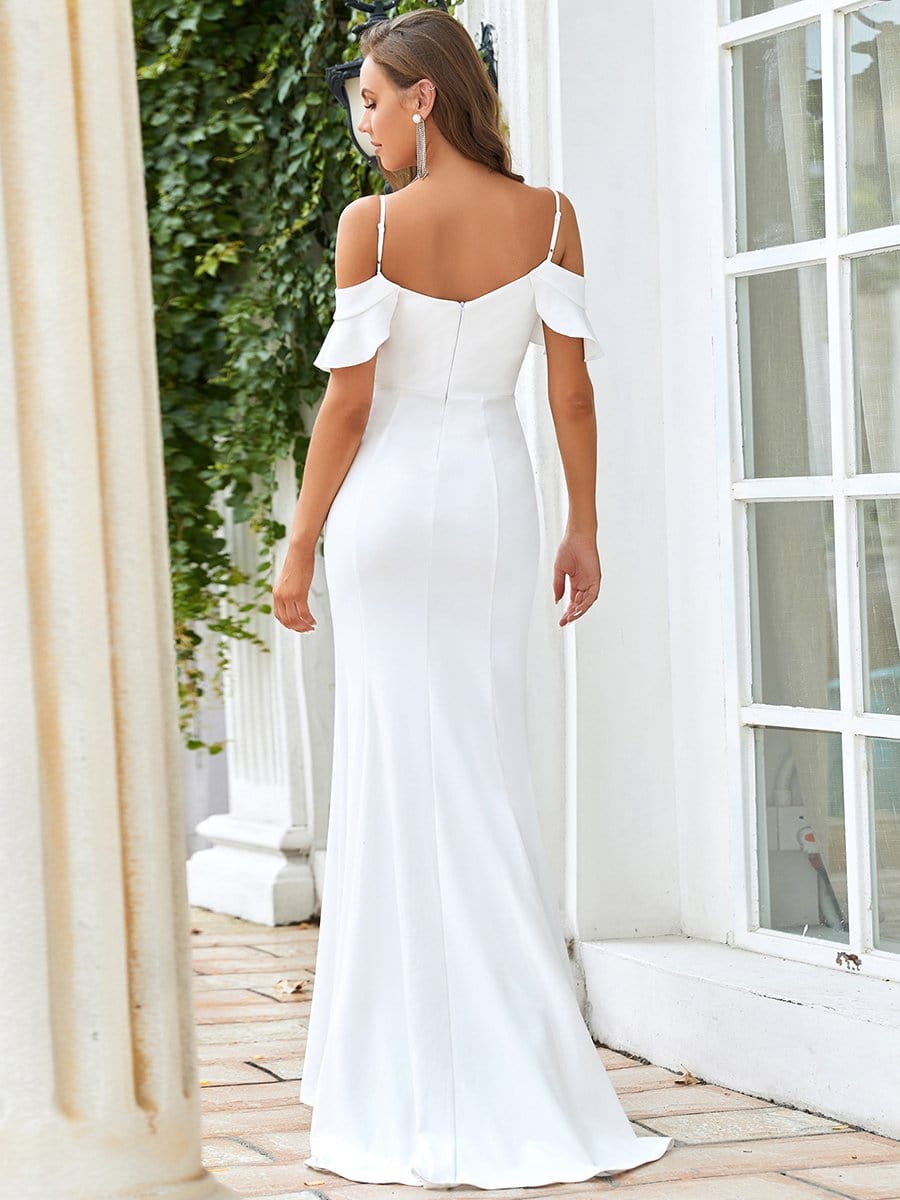 Color=Cream | V-Neck Long Wedding Dresses With Ruffle Sleeves-Cream 2