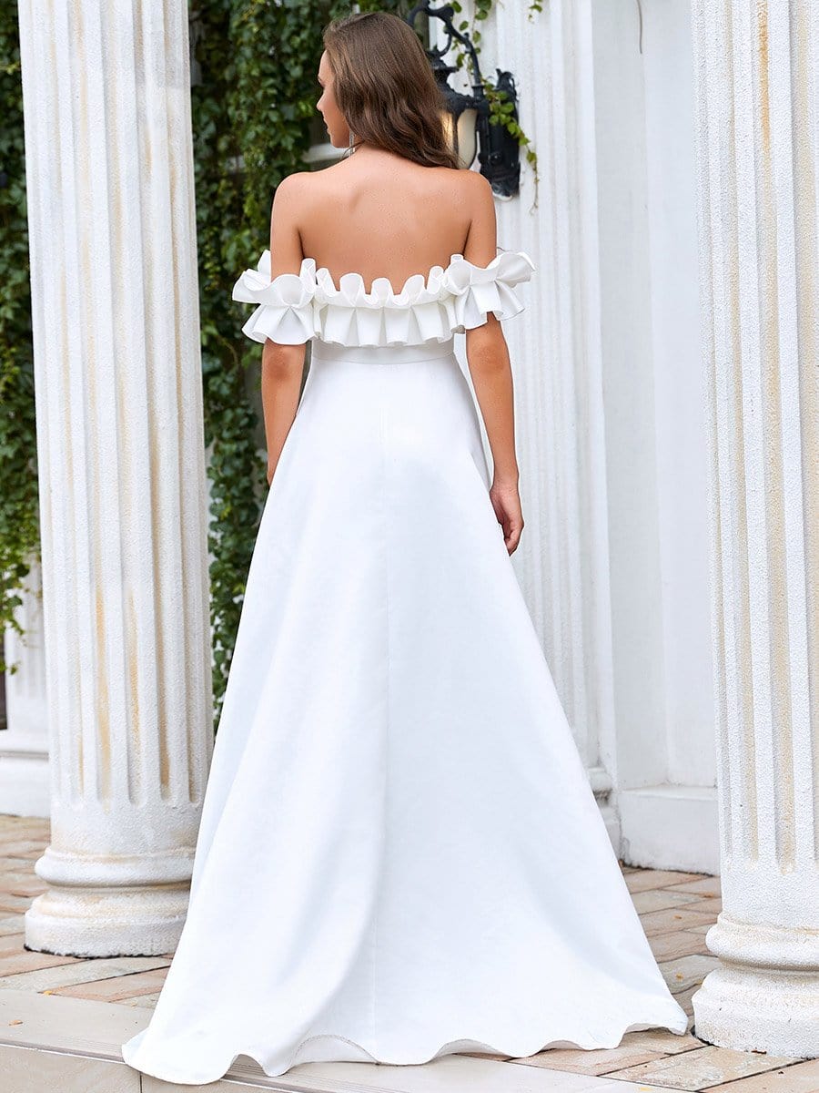 Color=Cream | A Line Off The Shoulder Ruffle Maxi Wedding Dress-Cream 2