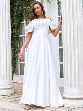 Color=Cream | A Line Off The Shoulder Ruffle Maxi Wedding Dress-Cream 5