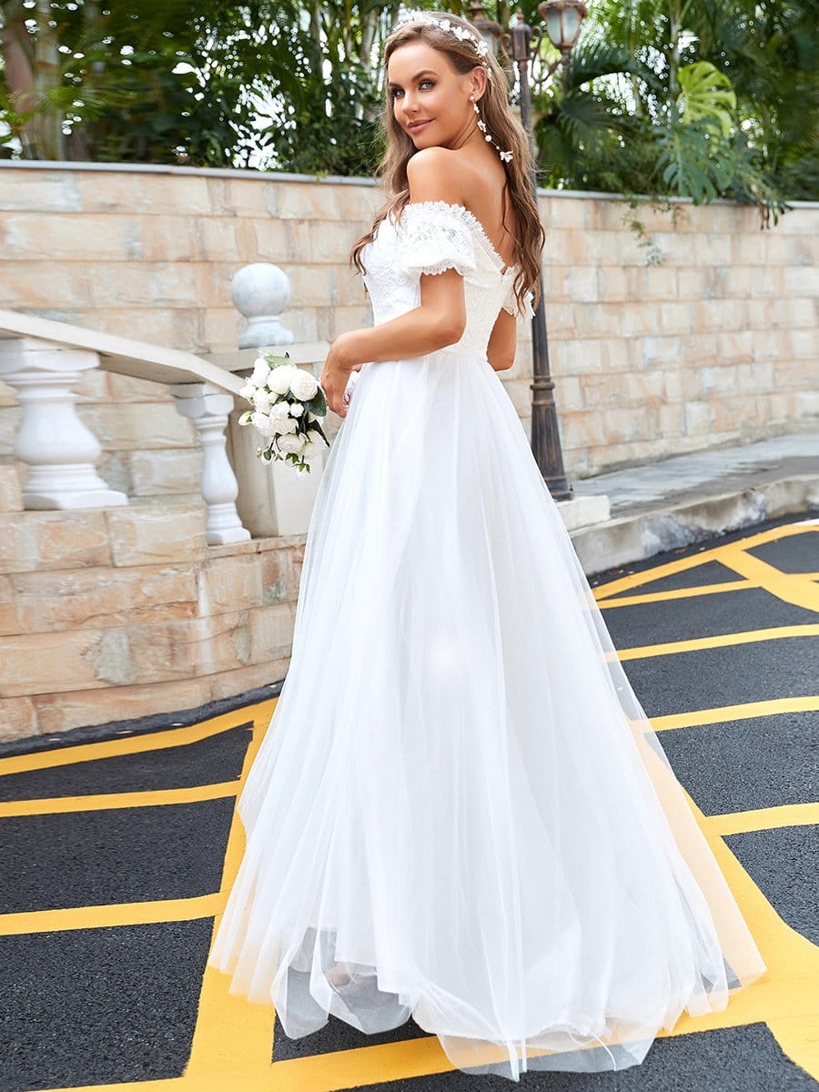 Color=Cream | Semi Sweetheart Off Shoulder Embroidered Long Tulle Wedding Dress-Cream 2