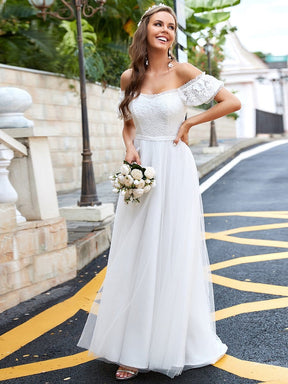 Color=Cream | Semi Sweetheart Off Shoulder Embroidered Long Tulle Wedding Dress-Cream 4