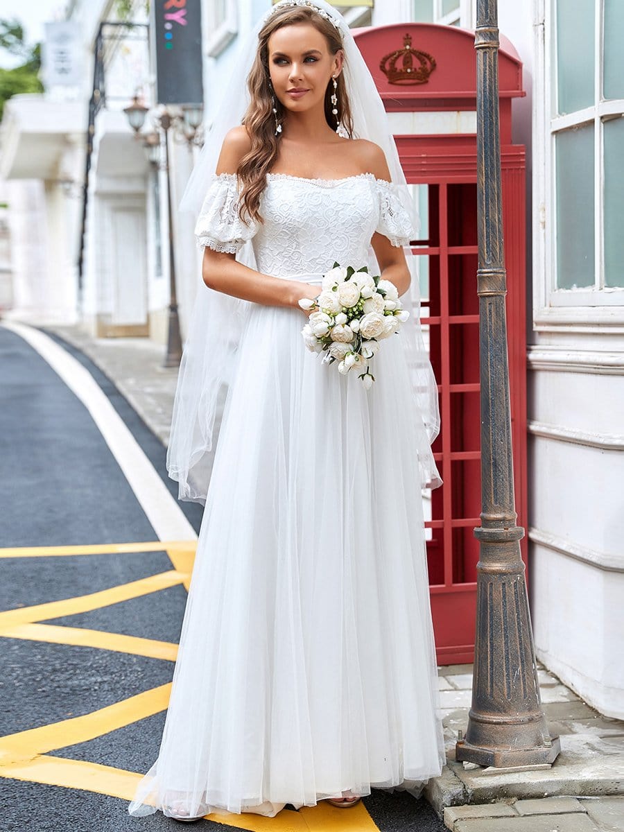 Color=Cream | Semi Sweetheart Off Shoulder Embroidered Long Tulle Wedding Dress-Cream 1