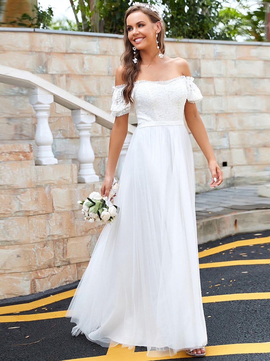 Color=Cream | Semi Sweetheart Off Shoulder Embroidered Long Tulle Wedding Dress-Cream 3