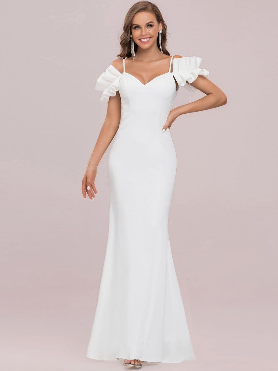 Color=Cream | Simple Sweetheart Spaghetti Strap Stringy Selvedge Trumpet Wedding Dress-Cream 5