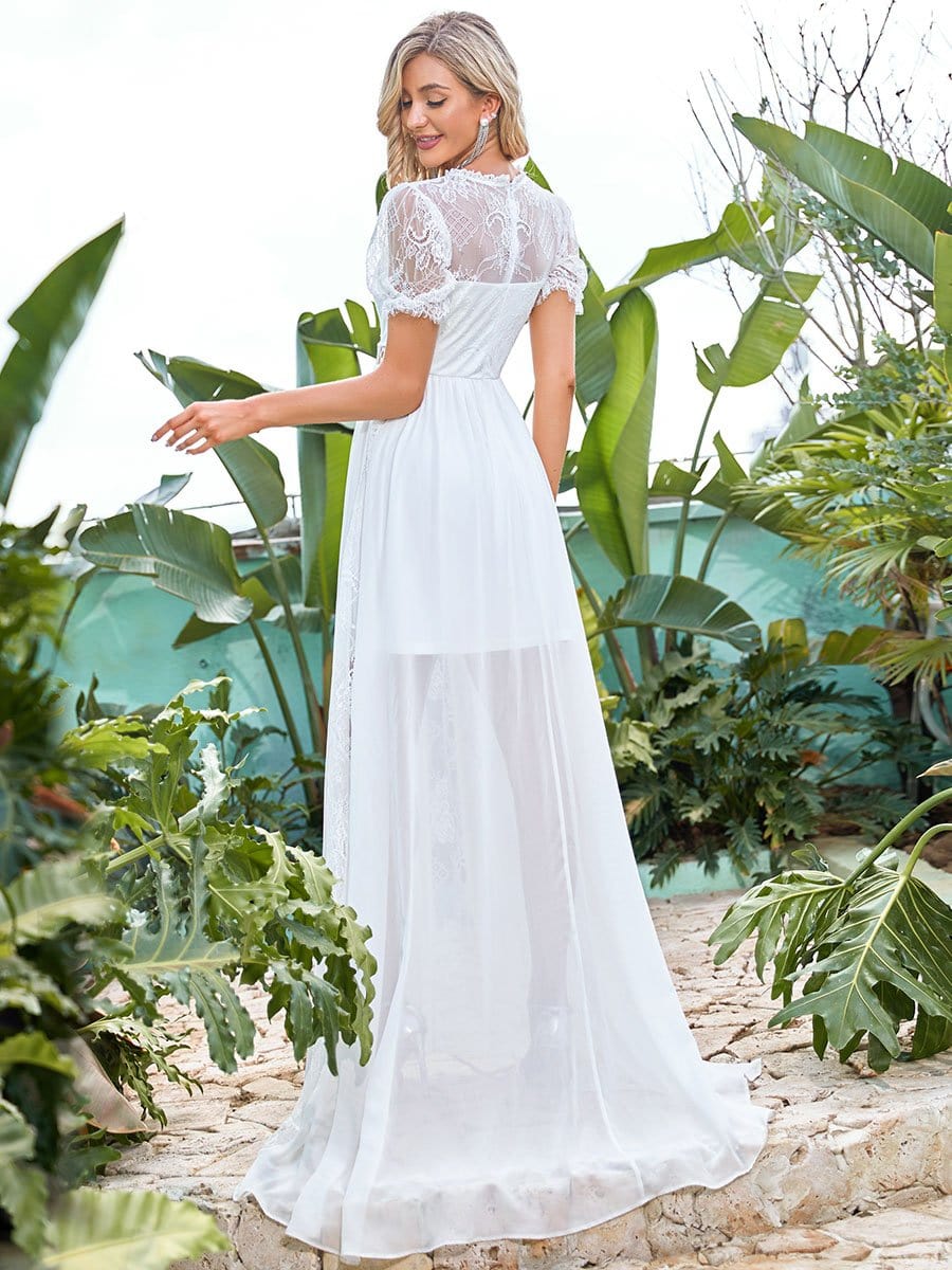 Color=Cream | See-Through Cut-Out Puffed Sleeves Embroidered Long Wedding Dress-Cream 2