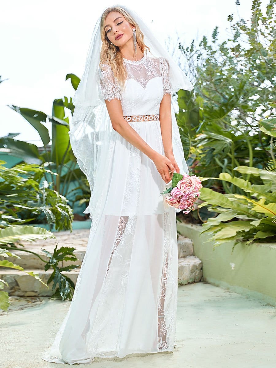 Beauiful Puffed Sleeves Cut-Out Embroidered See-Through Long Wedding Dress 
