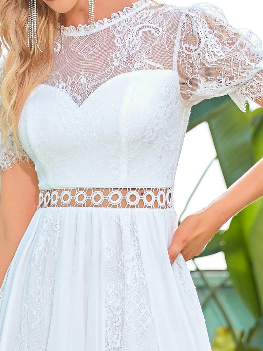 Color=Cream | See-Through Cut-Out Puffed Sleeves Embroidered Long Wedding Dress-Cream 3
