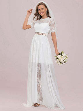 Color=Cream | See-Through Cut-Out Puffed Sleeves Embroidered Long Wedding Dress-Cream 5