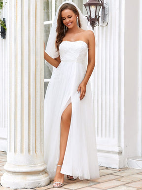Color=Cream | Strapless Floral Embroidered Side Slit Wedding Dress-Cream 5