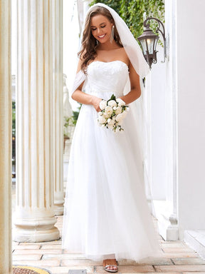 Color=Cream | Strapless Floral Embroidered Side Slit Wedding Dress-Cream 3
