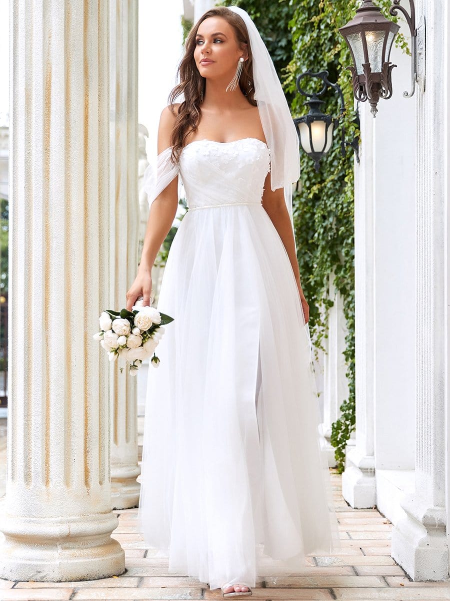 Color=Cream | Strapless Floral Embroidered Side Slit Wedding Dress-Cream 1