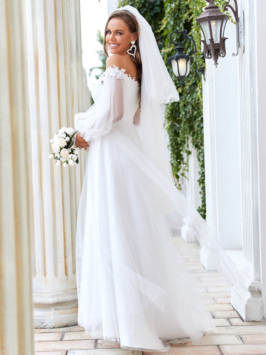 Color=Cream | A Line Off Shoulder V Neck Applique Wedding Dress-Cream 2