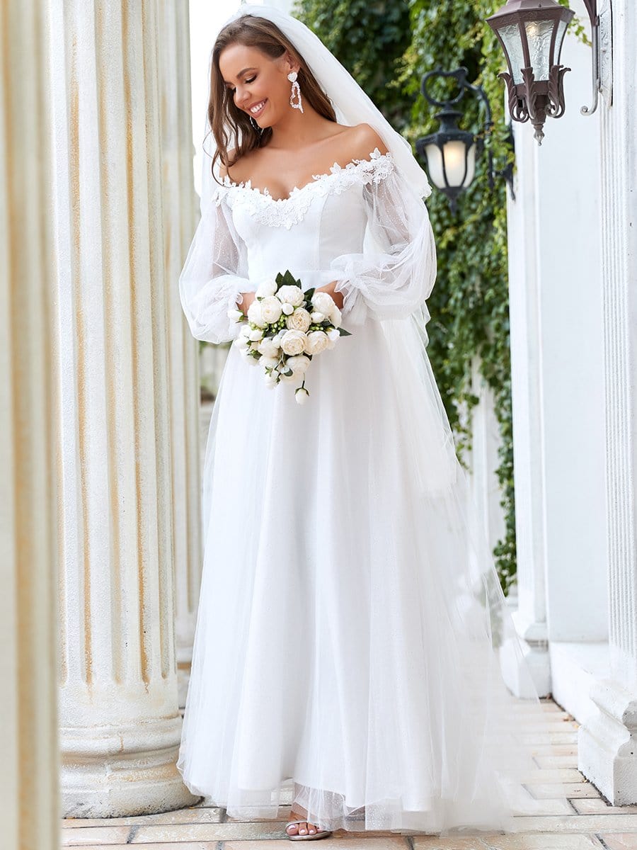 Color=Cream | A Line Off Shoulder V Neck Applique Wedding Dress-Cream 5