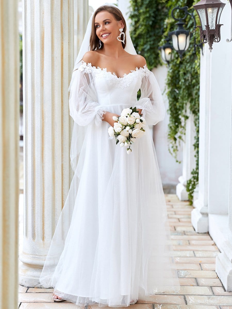 Color=Cream | A Line Off Shoulder V Neck Applique Wedding Dress-Cream 1