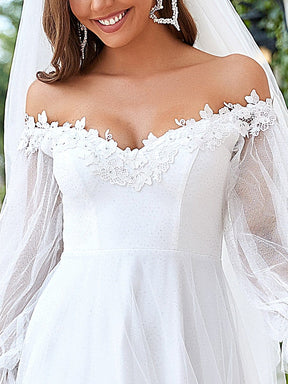 Color=Cream | A Line Off Shoulder V Neck Applique Wedding Dress-Cream 4
